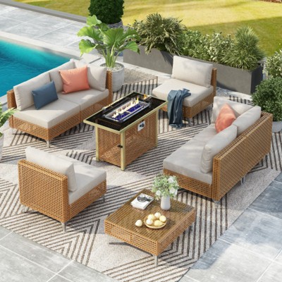 GlasFlength Patio Seating Sets 8PCS, Cushions, Outdoor Furniture, Deep Seat, Sectional Chat Set with Cushions, White,28.7"*20.1"*25.4"