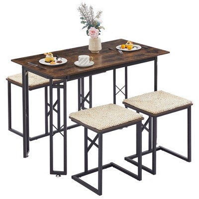 VECELO Farmhouse Room Sets for 4 with 3 Benches Wicker-Knot Cushions, Table for Home Kitchen Dining, 43.3 in
