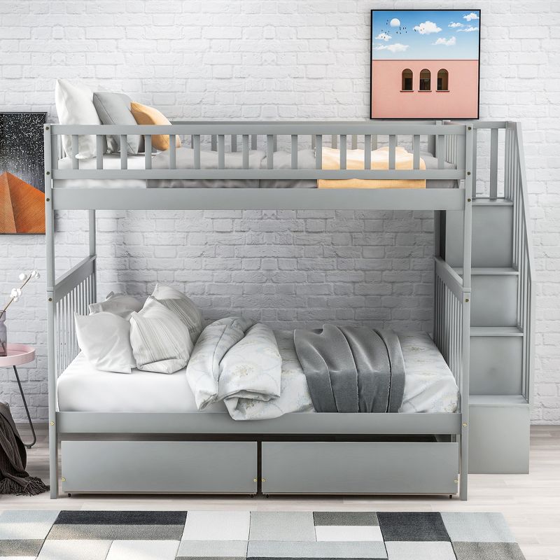Full over Full Bunk Bed with Two Drawers and Storage Stairs - ModernLuxe, 2 of 9