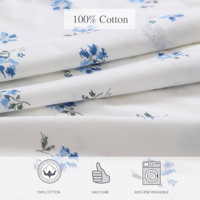 King Blue Floral Cotton Percale Deep Pocket Sheet Set