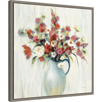 Red and White Floral Canvas Print in Gray Frame