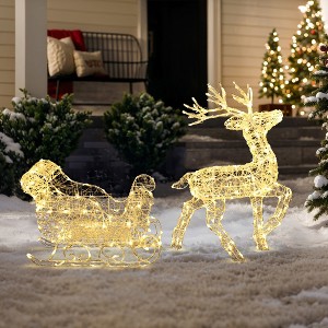 LuxenHome 2-Piece Lighted Reindeer and Sleigh Christmas Yard Decoration, Outdoor Holiday Set with Timer White - 1 of 4