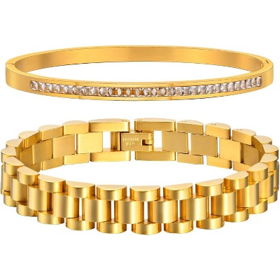 2pcs Gold Chain Link Bracelet, Stainless Steel Crystal Friendship Bracelets Bangle,Watch Band Chains Wristband