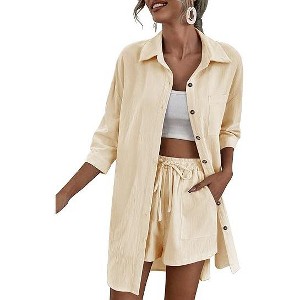 Zeagoo Women’s 2 Piece Lounge Tracksuit Outfit Sets Cotton Linen High Low Shirt and Drawstring Casual Shorts Set - 1 of 4