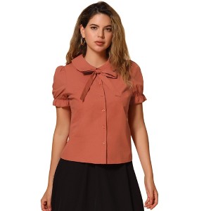 INSPIRE CHIC Women's Vintage Bow Tie Solid Peter Pan Collar Office Button Up Shirt - 1 of 4
