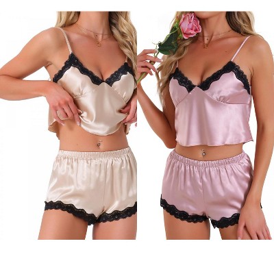 INSPIRE CHIC Women's 4 Pcs Loungewear Satin Lace Sleeveless Spaghetti-Strap Removable Pad Cami & Shorts Pajama Set