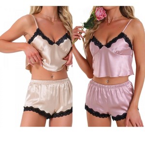 INSPIRE CHIC Women's 4 Pcs Loungewear Satin Lace Sleeveless Spaghetti-Strap Removable Pad Cami & Shorts Pajama Set - 1 of 4