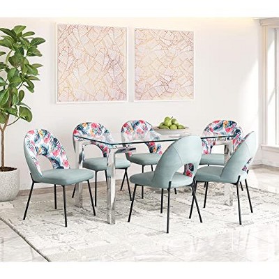 Green Velvet and Floral Print Side Chair with Metal Legs