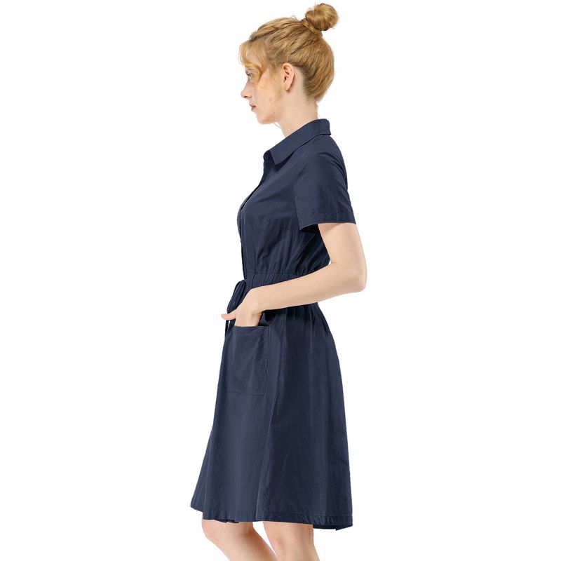Allegra K Women's Point Collar Front Elastic Waist Drawstring Above Knee Shirt Dress with Pocket, 5 of 8