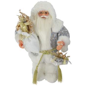 Northlight 12" White and Gold Standing Santa Carrying a Full Sac Of Presents Christmas Figure