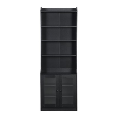 TiramisuBest 83.4" H Black Bookcase with LED Lighting, 2 Glass Doors & 1 Drawer, Modern Storage with Open Shelves for Living Room/Home Office/Bedroom