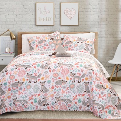 3pc Twin Pixie Fox Quilt Set with Fox Throw Pillow Gray/Pink - Lush Décor