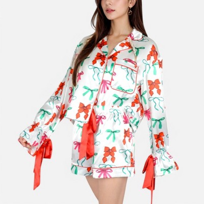 Anna-Kaci Lounge Women's Holiday Bow Print Pajama Set with Ribbon Tie Details and Button-Up Top