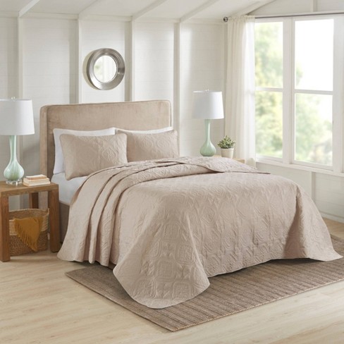 3pc Reversible Bedspread Set Khaki, White California King Bedspread