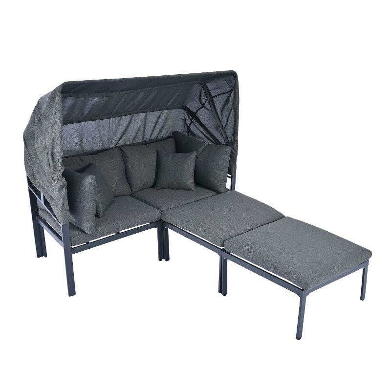 3-piece Metal Frame Patio Sunbed with Retractable Canopy, Outdoor Sectional Daybed with Cushions - Maison Boucle, 2 of 9