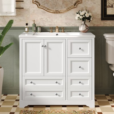 TIRAMISUBEST 36-inch Bathroom Vanity with Resin Sink, Freestanding Bathroom Cabinet with 4 Storage Drawers