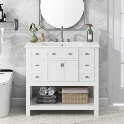 Okak Modern Freestanding Bathroom Vanity with Sink Combo,Solid Wood Bathroom Storage Cabinet with 4/6 Drawers & Bottom Shelf
