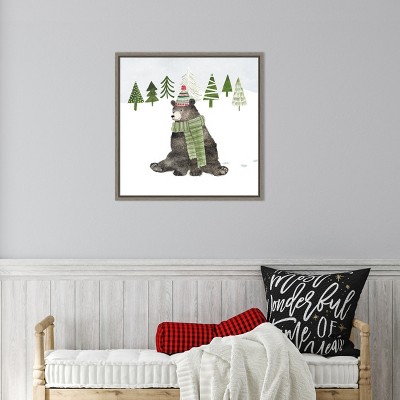 Woodland Christmas Bear Canvas Print with Grey Frame 22 x 22