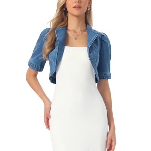 Женские куртки Allegra K Women's Short Sleeve Lapel Collar Crop Jean Jacket Large M Blue