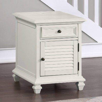 White Rectangular Wood Storage End Table with USB Ports