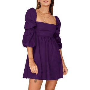 EXLURA Womens Square Neck Dress Long Puff Sleeve A-Line Casual Short Mini Dresses - 1 of 4