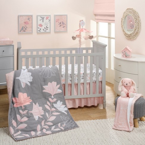 Lambs Ivy Petals Gray Pink Sateen Cotton Floral 3 Piece Baby Crib Bedding Set