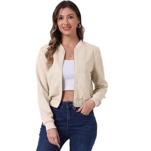 INSPIRE CHIC Women's Faux Suede Cropped Stand Collar Zip-Up Bomber Jackets - 1 of 4