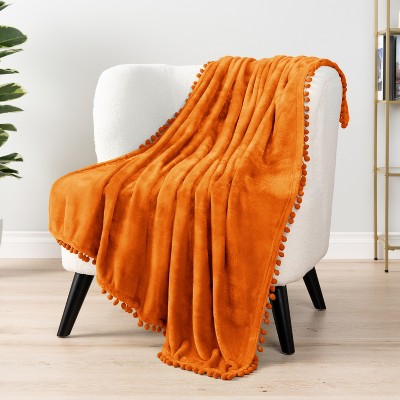 Twin Orange Fleece Pom Pom Fringe Blanket