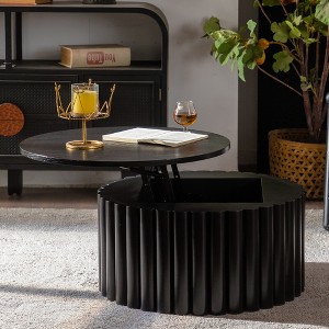 QingMoon Lift Top Coffee Table, Circle Wooden Center Table with Storage Space and Grooved Drum Decoration for Living Room - 1 of 4