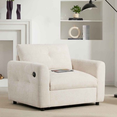 Single Accent Chair with Wide Seat and Tufted Back, Arrmrest Sofa with Dual-Port Charger, Chenille Chair with Wood Frame-Coolbibila