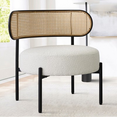 Marse Boucle Accent Chair with Rattan Back, Boucle Rattan Accent Chair with Black Metal Base for Living Room, Armrest & Armless - Maison Boucle