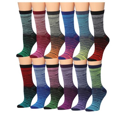 Tipi Toe Women's 12 Pairs Socks For Women Crew Lightweight Colorful Ombre Stripes & Ministripes Patterned Crew Socks