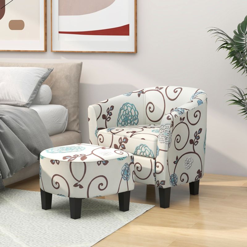 Costway Barrel Modern Accent Tub Upholstered Chair French Print with Ottoman Grey Floral, 5 of 11