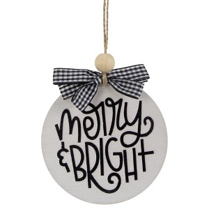 Northlight Wooden "Merry & Bright" Disc Christmas Ornament with Plaid Bow - 4" - Black and White - 1 of 4