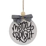 Northlight 4" Black and White Merry & Bright Christmas Disc Wooden Ornament with Plaid Bow