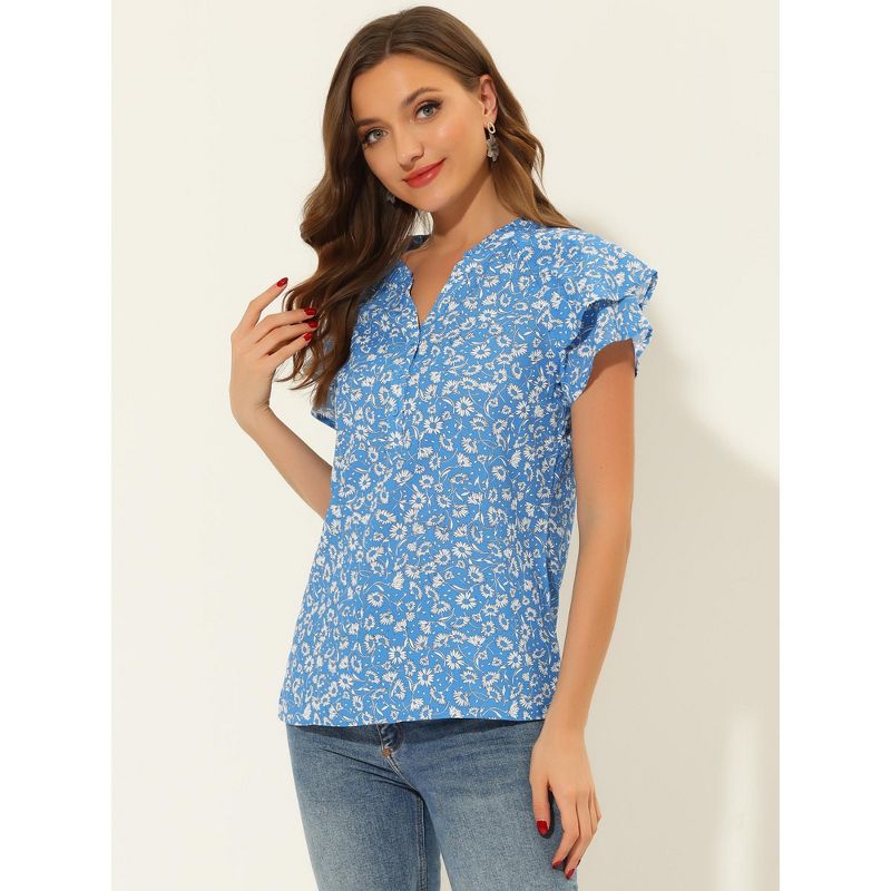 Allegra K Women's Summer V Neck Cap Short Sleeve Button Floral Print Shirt, 3 of 6