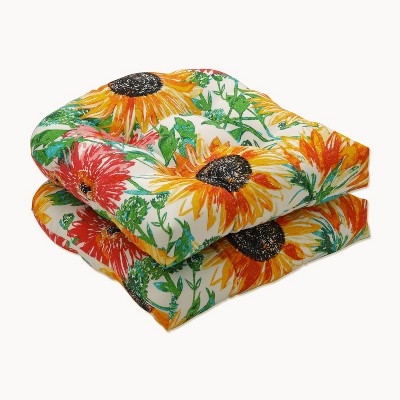 2pc 19" x 19" Outdoor/Indoor Sunflowers Seat Cushion Yellow - Pillow Perfect: Reversible, Weather & Fade-Resistant