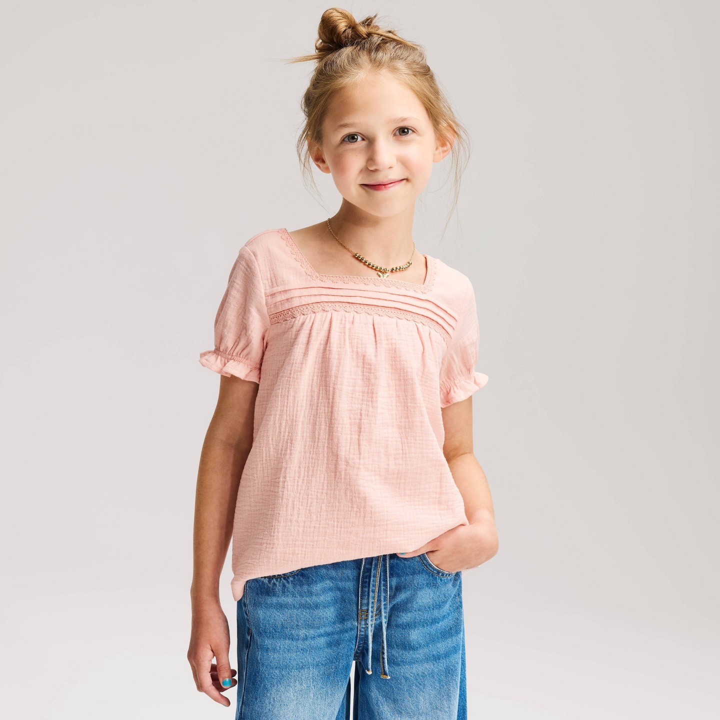 Блузка Cat & Jack Short Sleeve Gauze Boho Blouse для девочек, цвет: Розовый — фото 1