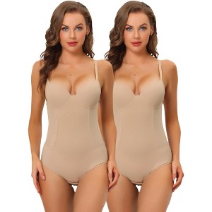 Allegra K Women's Adjustable Shoulder Strap Full Waist Tummy Control Bodysuits 2 Pcs - 1 of 4