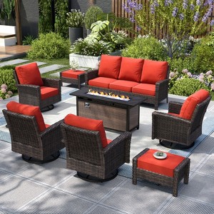 Captiva Designs Outdoor Patio Wicker Furniture Conversation Fire Pit Sets with Swivel Chairs with 5.5" Thick Cushions - 1 of 4
