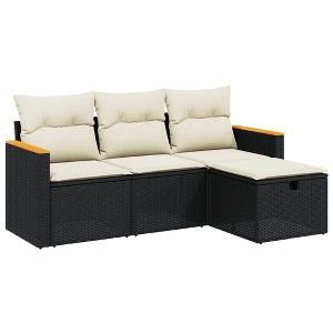 vidaXL Patio Sofa Set with Cushions Outdoor Furniture 4 Piece Poly Rattan - Black and Cream without Storage - 1 of 4