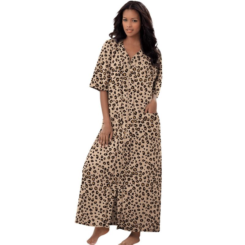 Dreams & Co. Women's Plus Size Petite Long French Terry Zip-Front Robe, 1 of 2