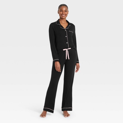 Solid Pajama Set, Long Sleeve Button Up Lapel Top & Pants Pj Set, Women's  Sleepwear & Loungewear - Temu