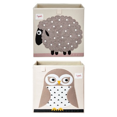 3 Sprouts Large 13 Inch Square Children's Foldable Fabric Storage Cube Organizer Box Soft Toy Bin, Friendly Owl and Sheep (2 Pack)