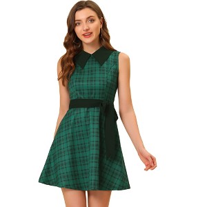 INSPIRE CHIC Women's A-line Belted Vintage Sleeveless Plaid Dress - 1 of 4