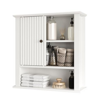 Heynemo Bathroom Wall Cabinet with Fluted Sliding Door, Curved Profile Wooden Medicine Cabinet Wall Mounted Cupboard, White