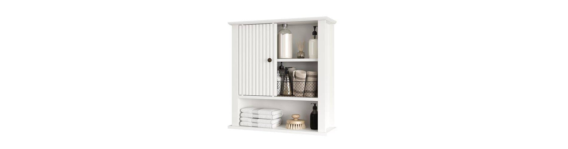 Heynemo Bathroom Wall Cabinet with Fluted Sliding Door, Curved Profile Wooden Medicine Cabinet Wall Mounted Cupboard, White