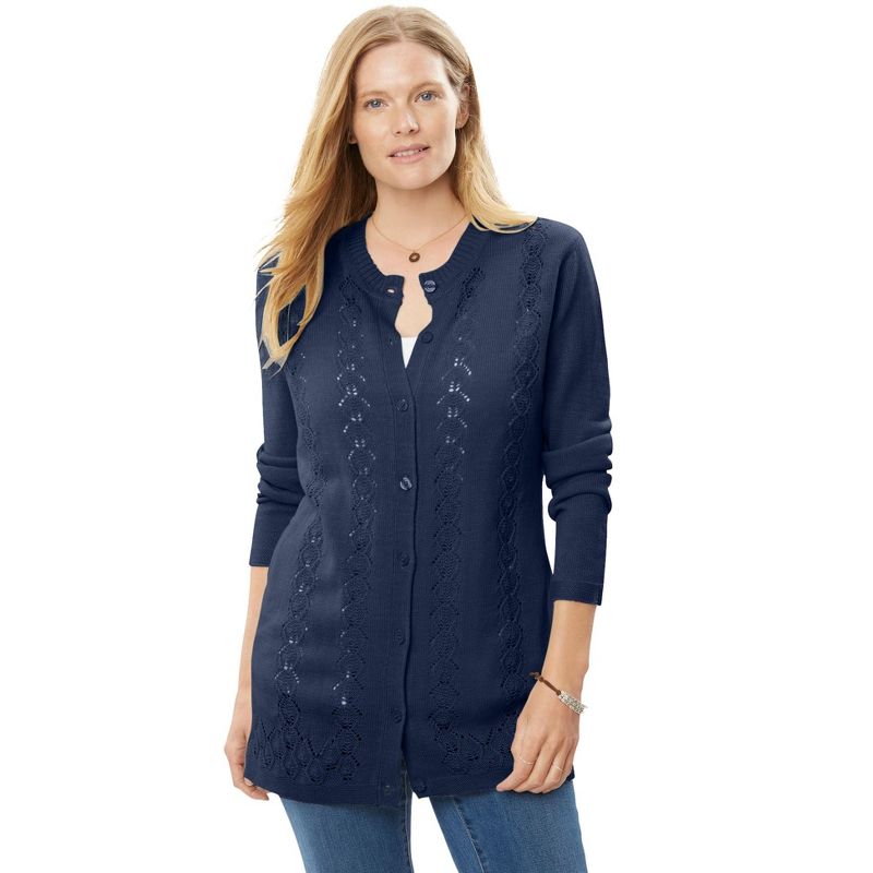 Woman Within Women's Plus Size Long-Sleeve Pointelle Cardigan, 1 of 2