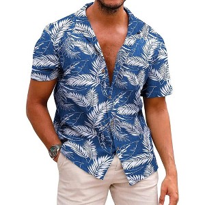 COOFANDY Men's Hawaiian Floral Shirts Cotton Linen Button Down Tropical Holiday Beach Shirts - 1 of 4