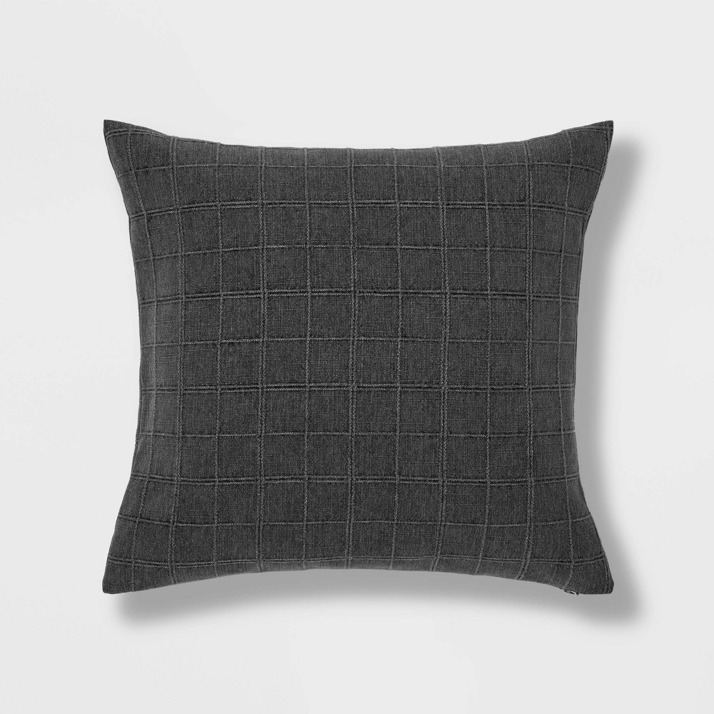 Woven Washed Windowpane Square Throw Pillow Dark Gray - Threshold